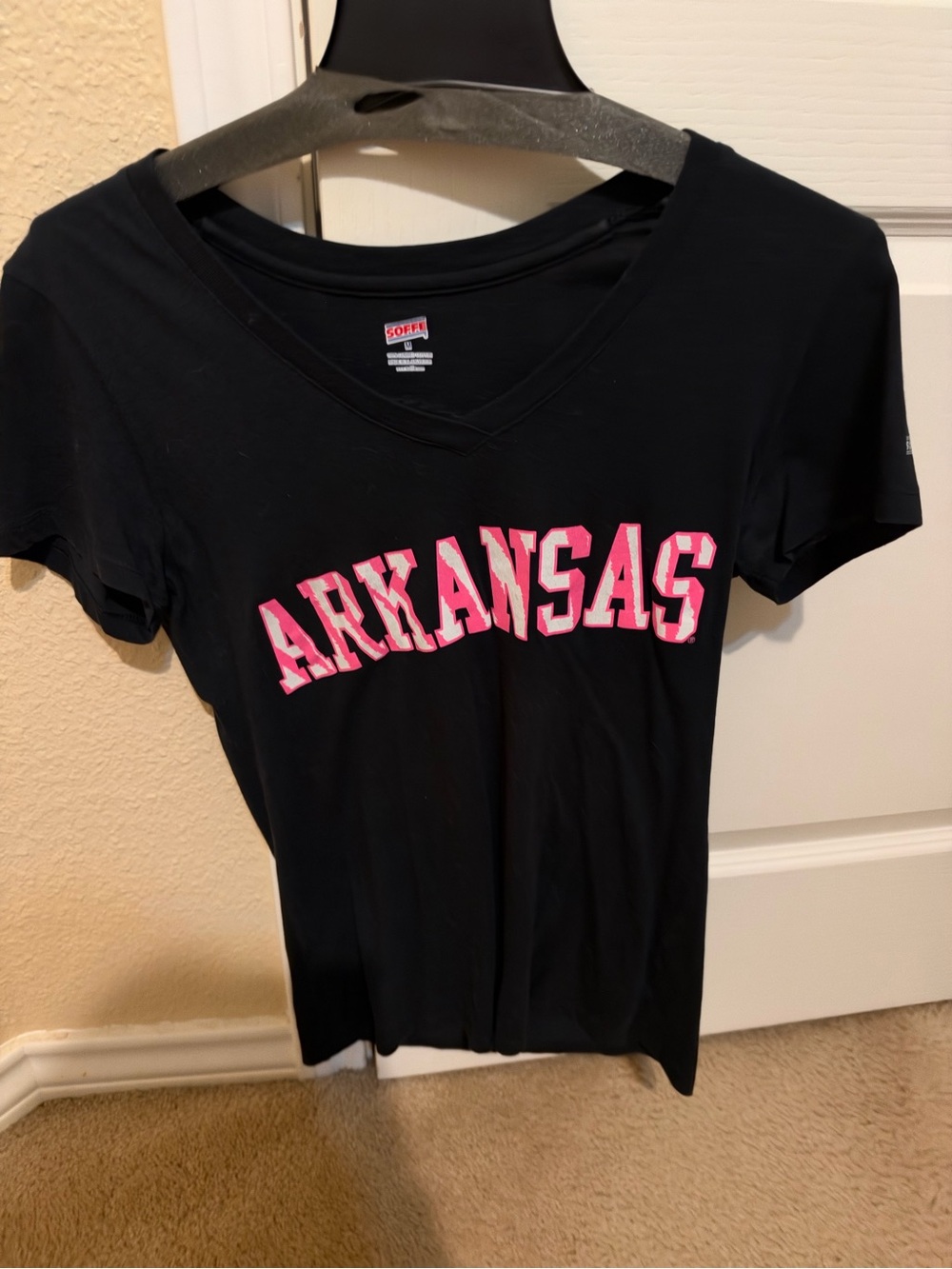 Women's Black V-Neck Tee with Pink Arkansas Lettering